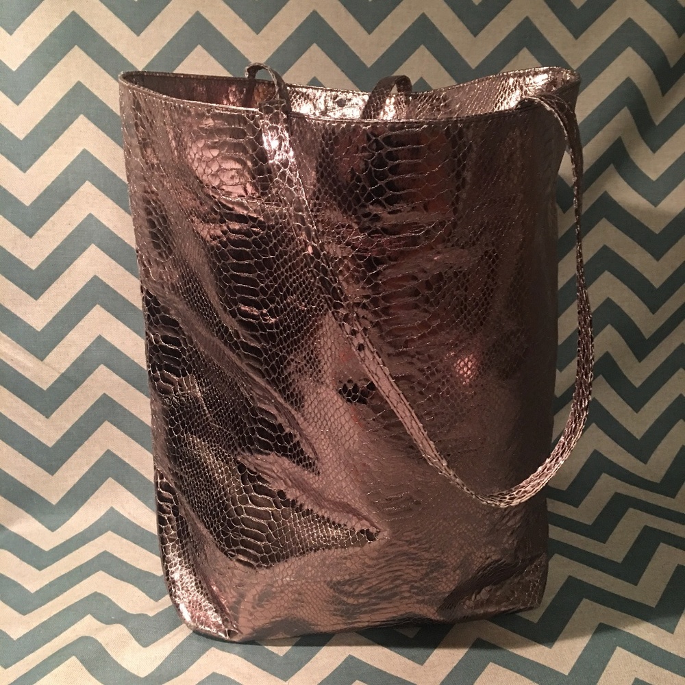 large metallic faux reptile texture tote bag